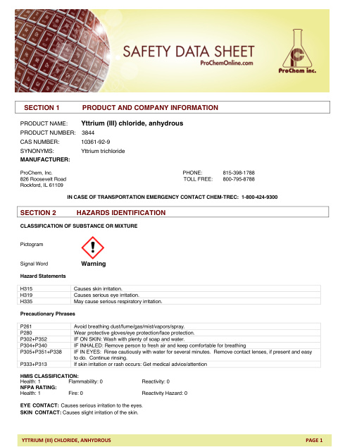 First page of Yttrium (III) chloride, anhydrous 3844 SDS – ProChem, Inc.