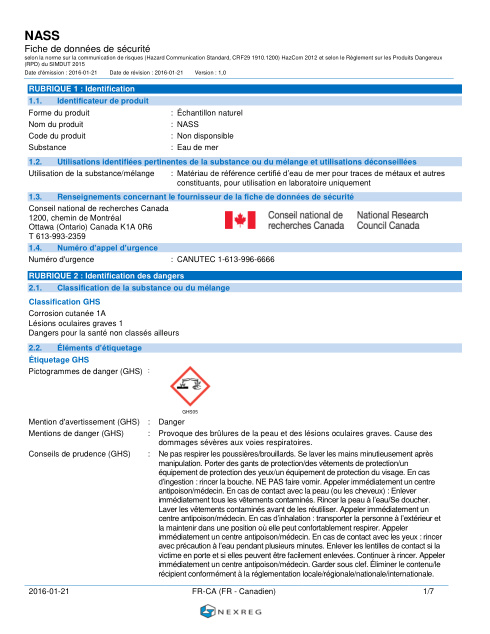 First page of NASS-7 Matériau de référence certifié d’eau de mer NASS-7 MRC FDS – CNRC Canada
