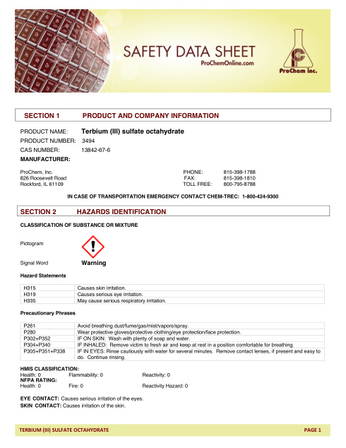 First page of Terbium (III) sulfate octahydrate 3494 SDS – ProChem, Inc.