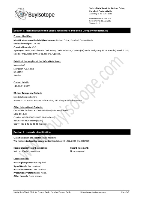 First page of Cerium Oxide, Enriched Cerium Oxide. | SDS | CAS 1306-38-3 | Neonest AB | Version 1.1.1 | English | 11-Aug-2019