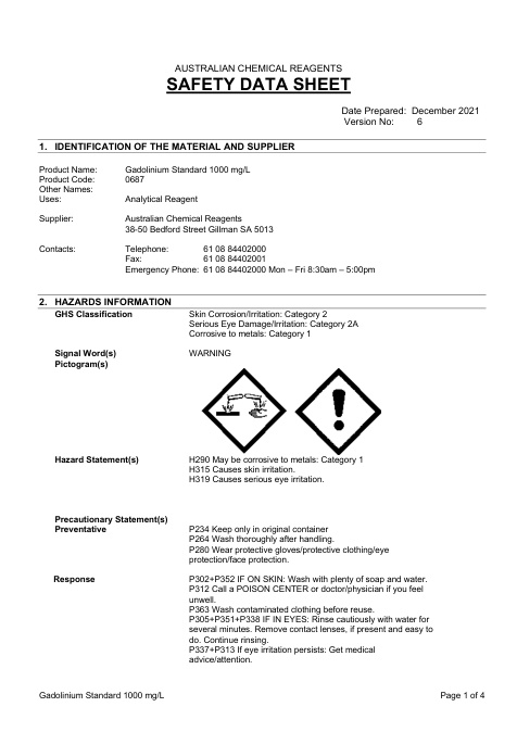 First page of Gadolinium Standard 1000 mg/L | SDS | Australian Chemical Reagents | 0687 | English