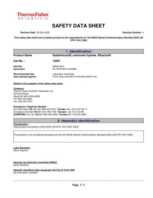 First page of Gadolinium(III) carbonate hydrate, REacton® | SDS | CAS 38245-36-2 | Thermo Fisher Scientific | 13207 | English | 25-Dec-2025 · Revision 4