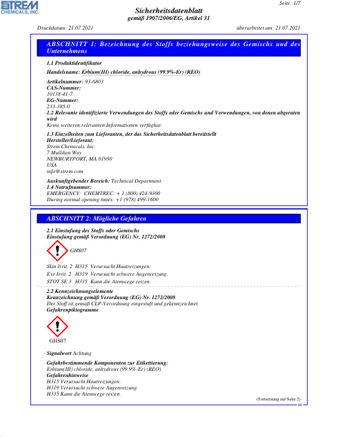 First page of Erbium(III) chloride, anhydrous (99.9%-Er) (REO) 93-6803 SDS – Strem Chemicals, Inc.