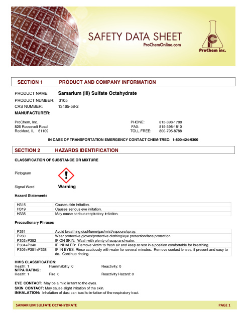 First page of Samarium (III) Sulfate Octahydrate 3105 SDS – ProChem, Inc.