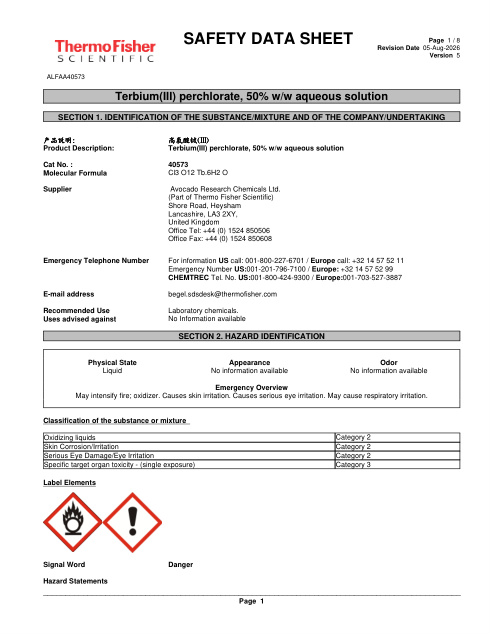 First page of Terbium(III) perchlorate, 50% w/w aqueous solution ALFAA40573 SDS – Avocado Research Chemicals Ltd. (Part of Thermo Fisher Scientific)