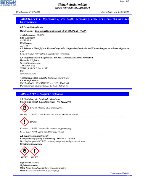 First page of Terbium(III) nitrate hexahydrate (99.9%-Tb) (REO) 93-6508 SDS – Strem Chemicals, Inc.