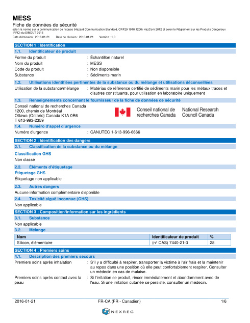 First page of MESS-4 Matériau de référence certifié pour les métaux traces et autres constituants | SDS | CAS 7440-21-3 | Conseil national de recherches Canada | MESS-4 MRC · Version 1.0 | French (Canada) | 21 janvier 2016