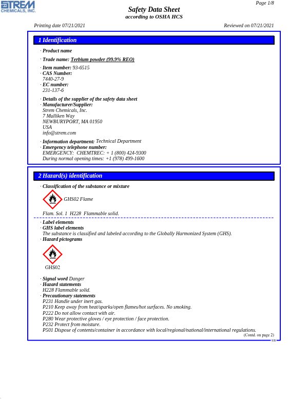 First page of · Trade name: Terbium powder (99.9% REO) 93-6515 SDS – Strem Chemicals, Inc.
