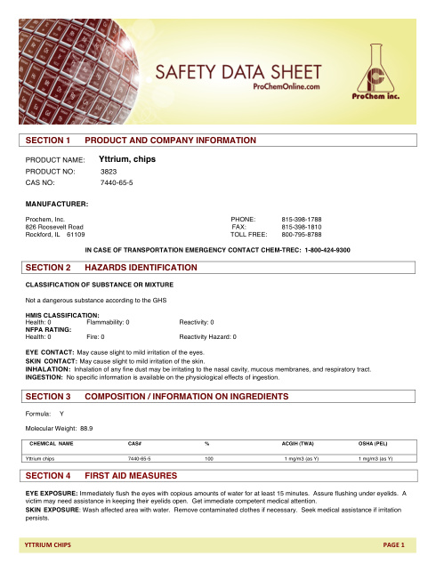 First page of Yttrium, chips SDS – ProChem, Inc.