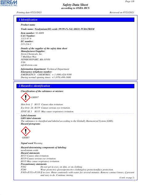 First page of Neodymium(III) oxide (99.99+%-Nd) (REO) PURATREM 93-6009 SDS – Strem Chemicals, Inc.