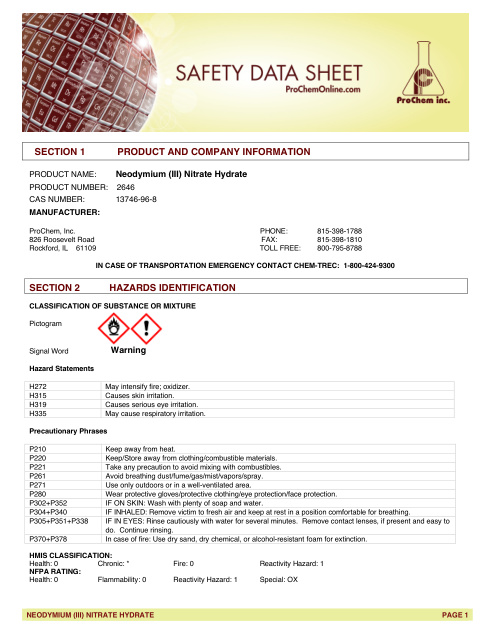 First page of Neodymium (III) Nitrate Hydrate 2646 SDS – ProChem, Inc.