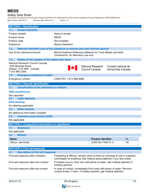First page of MESS-4 Marine Sediment Certified Reference Material for Trace Metals and Other Constituents | SDS | CAS 7440-21-3 | National Research Council Canada | MESS-4 CRM · Version 1.0 | English | 21 January 2016