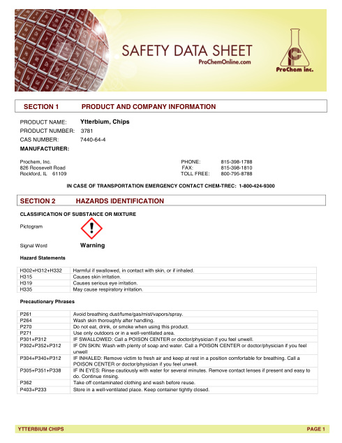 First page of Ytterbium, Chips 3781 SDS – ProChem, Inc.