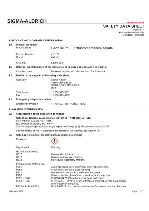 First page of Gadolinium(III) trifluoromethanesulfonate | SDS | CAS 52093-29-5 | Sigma-Aldrich | 425176 | English | 07/02/2014 · Version 4.3