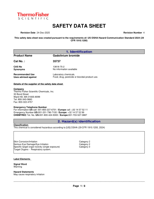 First page of Gadolinium bromide | SDS | CAS 13818-75-2 | Thermo Fisher Scientific | 35737 | English | 24-Dec-2025 · Revision 4