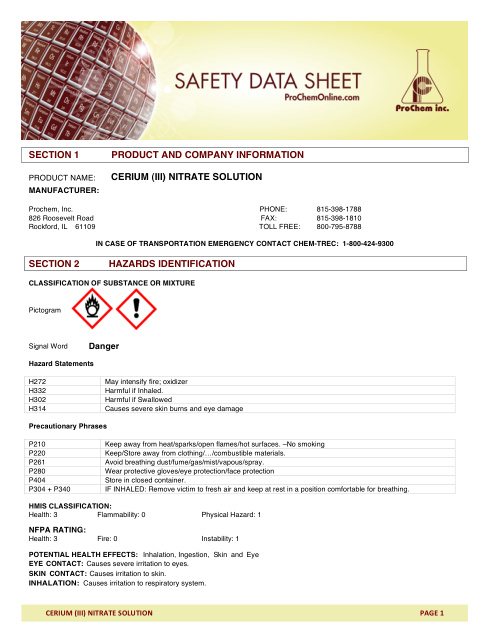 First page of CERIUM (III) NITRATE SOLUTION SDS – ProChem, Inc.