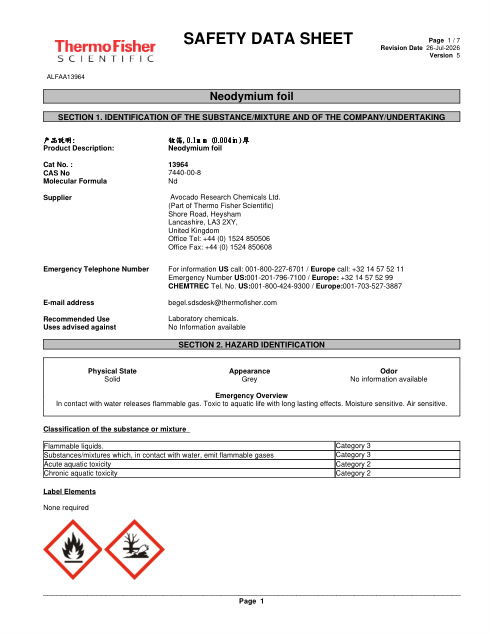 First page of Neodymium foil ALFAA13964 SDS – Avocado Research Chemicals Ltd. (Part of Thermo Fisher Scientific)