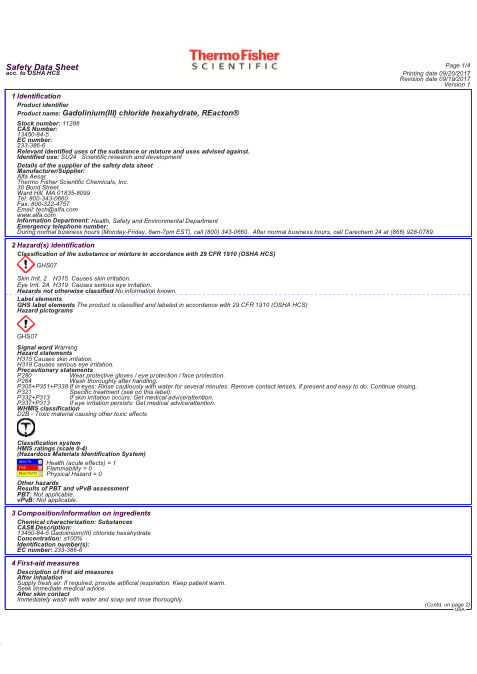 First page of Gadolinium(III) chloride hexahydrate, REacton® | SDS | CAS 13450-84-5 | Alfa-Aesar | English | 09/19/2017 · Version 1