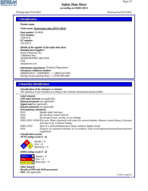 First page of · Trade name: Dysprosium chips (99.9% REO) 93-6636 SDS – Strem Chemicals, Inc.