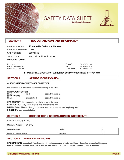 First page of Erbium (III) Carbonate Hydrate 1692 SDS – ProChem, Inc.