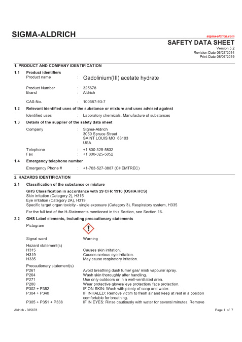 First page of Gadolinium(III) acetate hydrate | SDS | CAS 100587-93-7 | Sigma-Aldrich | 325678 | English | 06/27/2014 · Version 5.2