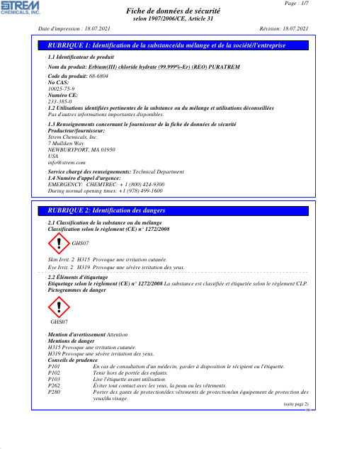 First page of Erbium(III) chloride hydrate (99.999%-Er) (REO) PURATREM 68-6804 SDS – Strem Chemicals, Inc.