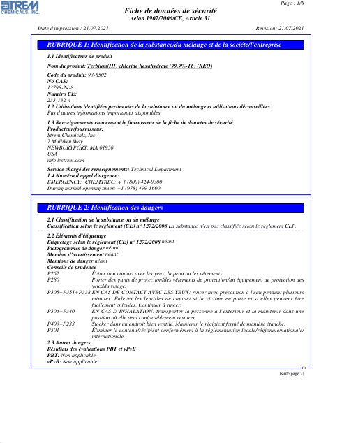 First page of Terbium(III) chloride hexahydrate (99.9%-Tb) (REO) 93-6502 SDS – Strem Chemicals, Inc.