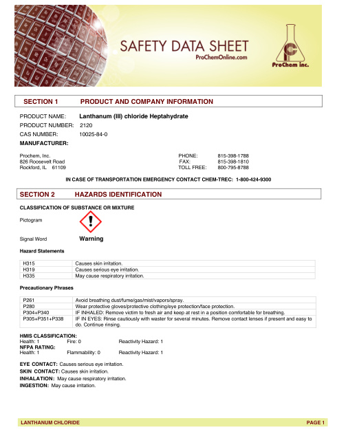 First page of Lanthanum (III) chloride Heptahydrate 2120 SDS – ProChem, Inc.