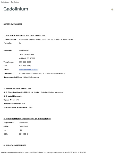 First page of Gadolinium - pieces, chips, ingot, rod, foil (≥0.005"), sheet, target | SDS | CAS 7440-54-2 | ESPI | English