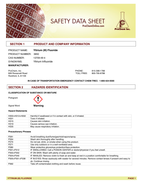 First page of Yttrium (III) Fluoride 3850 SDS – ProChem, Inc.
