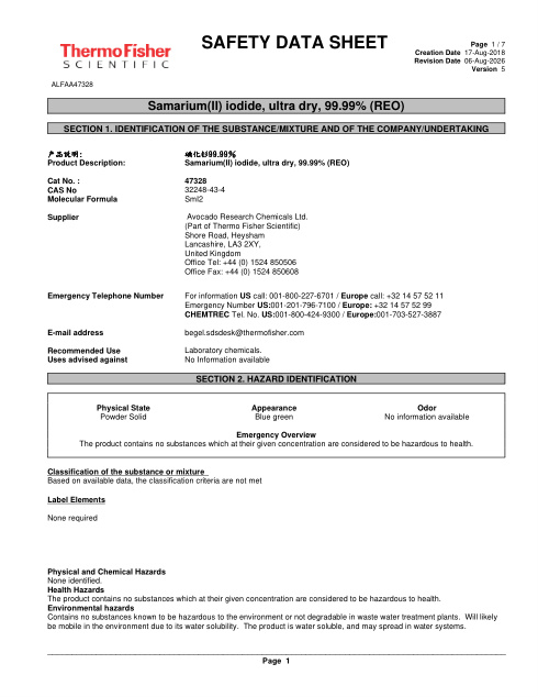 First page of Samarium(II) iodide, ultra dry, 99.99% (REO) ALFAA47328 SDS – Avocado Research Chemicals Ltd. (Part of Thermo Fisher Scientific)