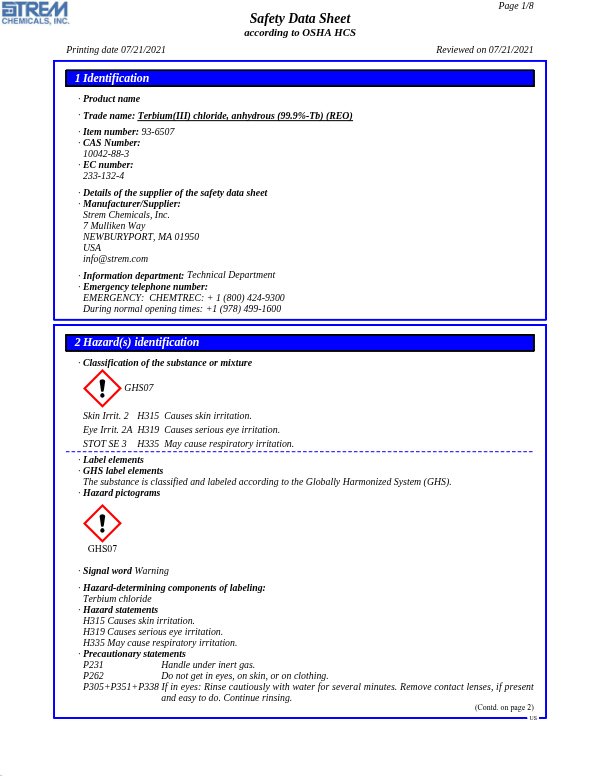 First page of · Trade name: Terbium(III) chloride, anhydrous (99.9%-Tb) (REO) 93-6507 SDS – Strem Chemicals, Inc.