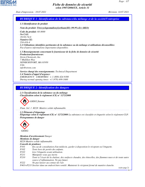 First page of Tris(cyclopentadienyl)erbium(III) (99.9%-Er) (REO) 68-8000 SDS – Strem Chemicals, Inc.