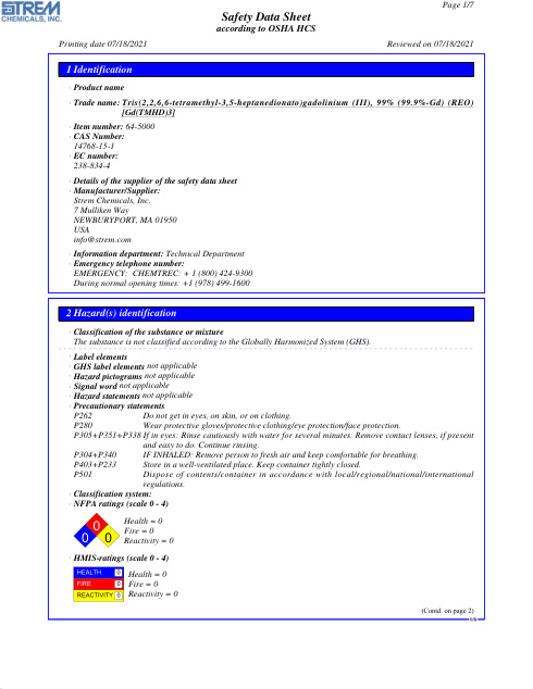 First page of Tris(2,2,6,6-tetramethyl-3,5-heptanedionato)gadolinium (III), 99% (99.9%-Gd) (REO) 64-5000 SDS – Strem Chemicals, Inc.