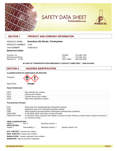 First page of Scandium (III) Nitrate, Tetrahydrate 3139 SDS – ProChem, Inc.