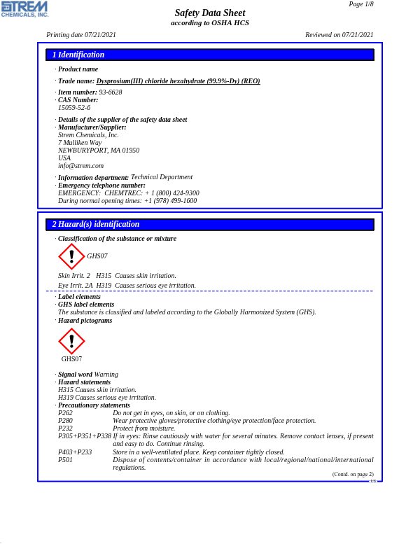 First page of · Trade name: Dysprosium(III) chloride hexahydrate (99.9%-Dy) (REO) 93-6628 SDS – Strem Chemicals, Inc.