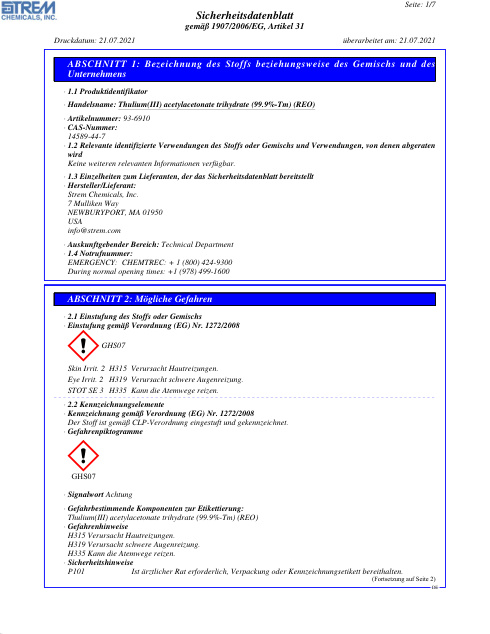 First page of Thulium(III) acetylacetonate trihydrate (99.9%-Tm) (REO) 93-6910 SDS – Strem Chemicals, Inc.