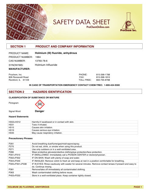 First page of Holmium (III) fluoride, anhydrous 1984 SDS – ProChem, Inc.