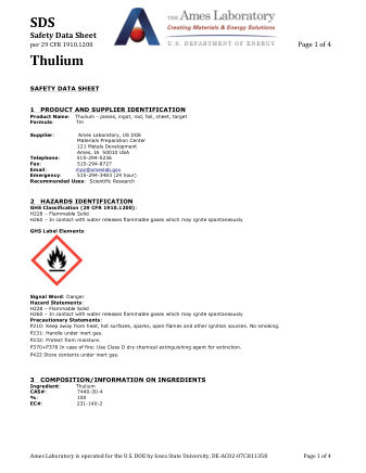 First page of Thulium (Tm) Metal — Safety Data Sheet (SDS)