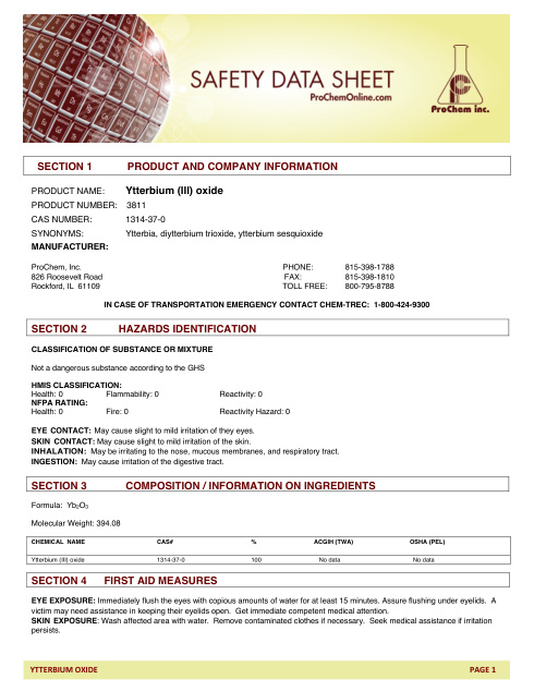 First page of Ytterbium (III) oxide 3811 SDS – ProChem, Inc.