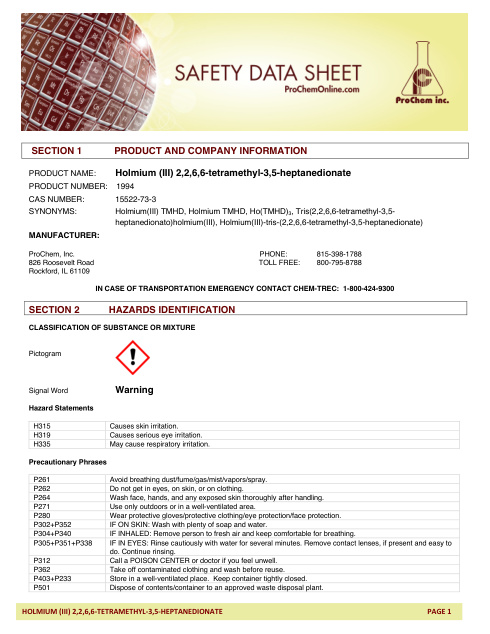 First page of Holmium (III) 2,2,6,6-tetramethyl-3,5-heptanedionate 1994 SDS – ProChem, Inc.