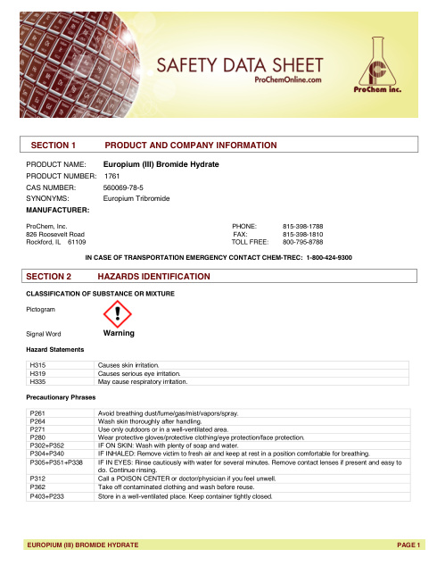 First page of Europium (III) Bromide Hydrate 1761 SDS – ProChem, Inc.