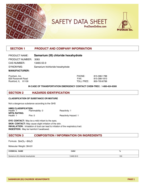 First page of Samarium (III) chloride hexahydrate 3083 SDS – ProChem, Inc.