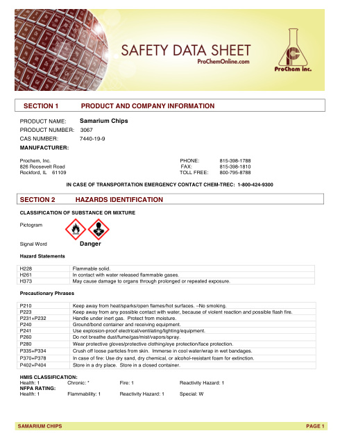 First page of Samarium Chips 3067 SDS – ProChem, Inc.