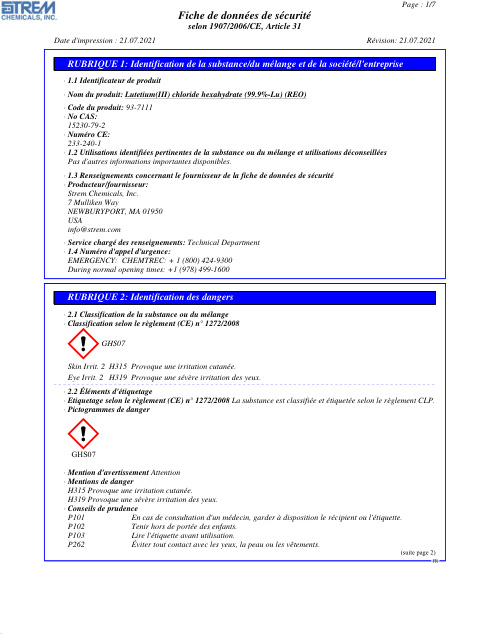 First page of Lutetium(III) chloride hexahydrate (99.9%-Lu) (REO) 93-7111 SDS – Strem Chemicals, Inc.