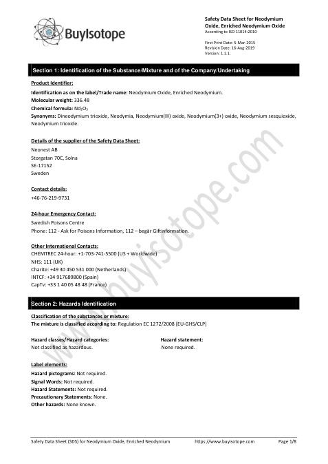 First page of Neodymium Oxide, Enriched Neodymium. | SDS | CAS 1313-97-9 | Neonest AB | Version 1.1.1 | English | 16-Aug-2019