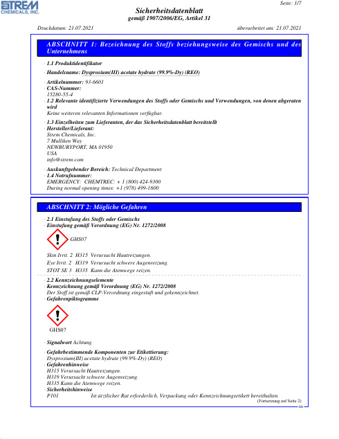 First page of Dysprosium(III) acetate hydrate (99.9%-Dy) (REO) 93-6601 SDS – Strem Chemicals, Inc.