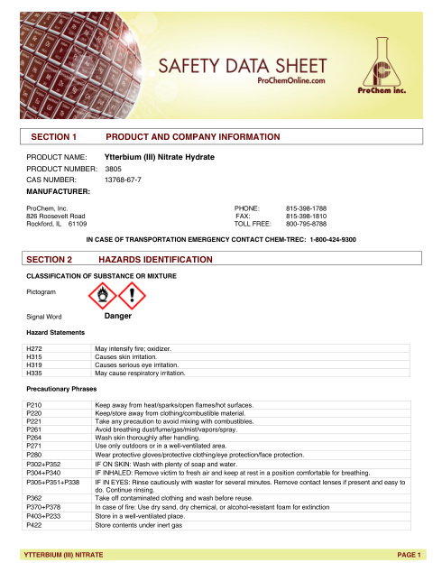 First page of Ytterbium (III) Nitrate Hydrate 3805 SDS – ProChem, Inc.