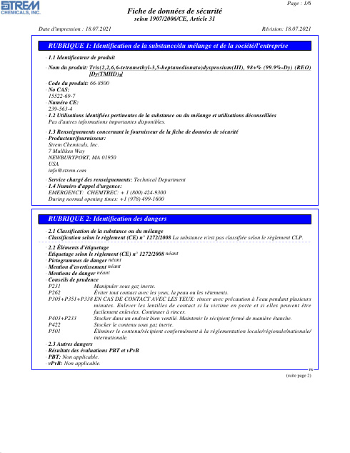First page of Tris(2,2,6,6-tetramethyl-3,5-heptanedionato)dysprosium(III), 98+% (99.9%-Dy) (REO) 66-8500 SDS – Strem Chemicals, Inc.
