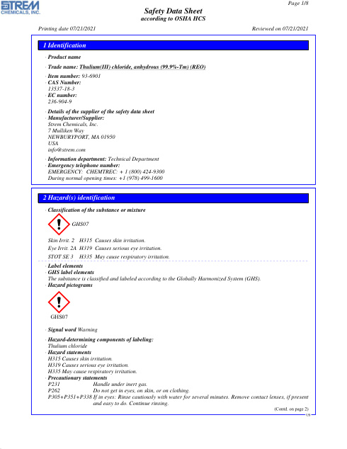 First page of Thulium(III) chloride, anhydrous (99.9%-Tm) (REO) 93-6901 SDS – Strem Chemicals, Inc.